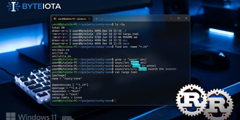 Windows terminal showing Linux commands like ls, grep, find running natively via Microsoft Coreutils for Windows