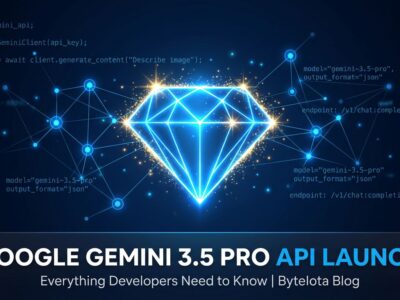 Gemini 3.5 Pro API access and developer guide - glowing Gemini diamond logo on dark blue background with neural network nodes