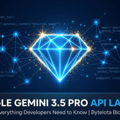 Gemini 3.5 Pro API access and developer guide - glowing Gemini diamond logo on dark blue background with neural network nodes
