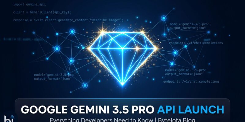 Gemini 3.5 Pro API access and developer guide - glowing Gemini diamond logo on dark blue background with neural network nodes