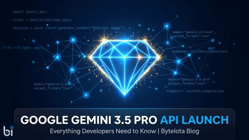 Gemini 3.5 Pro API access and developer guide - glowing Gemini diamond logo on dark blue background with neural network nodes