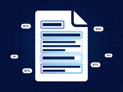 Document page with glowing bounding box regions and confidence score overlays representing Mistral OCR 4 structured document intelligence