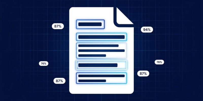 Document page with glowing bounding box regions and confidence score overlays representing Mistral OCR 4 structured document intelligence