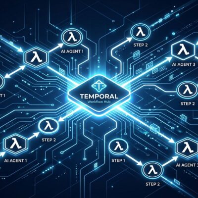 Abstract visualization of Temporal durable workflow execution with serverless Lambda nodes connected in a network