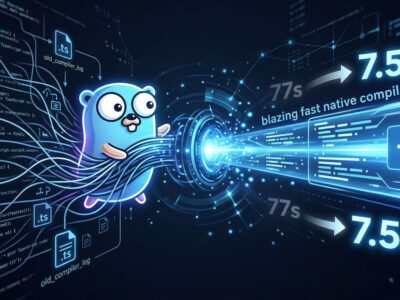TypeScript 7.0 RC Go compiler cutting build time from 77 seconds to 7.5 seconds - blue electric speed visualization