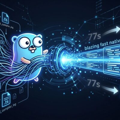 TypeScript 7.0 RC Go compiler cutting build time from 77 seconds to 7.5 seconds - blue electric speed visualization