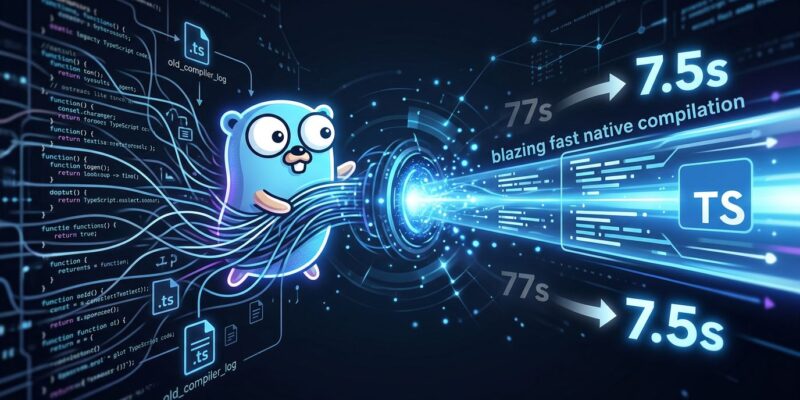 TypeScript 7.0 RC Go compiler cutting build time from 77 seconds to 7.5 seconds - blue electric speed visualization