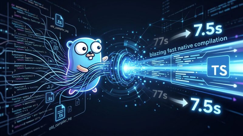 TypeScript 7.0 RC Go compiler cutting build time from 77 seconds to 7.5 seconds - blue electric speed visualization