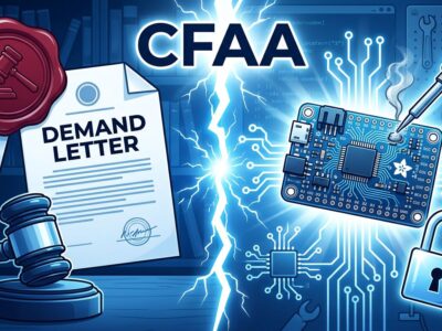 Split-screen showing legal demand letter on left and open-source hardware symbols on right, representing the Adafruit Flux.ai CFAA legal conflict