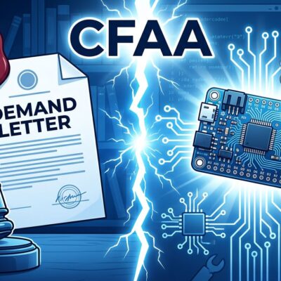 Split-screen showing legal demand letter on left and open-source hardware symbols on right, representing the Adafruit Flux.ai CFAA legal conflict