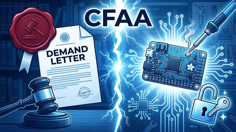 Split-screen showing legal demand letter on left and open-source hardware symbols on right, representing the Adafruit Flux.ai CFAA legal conflict