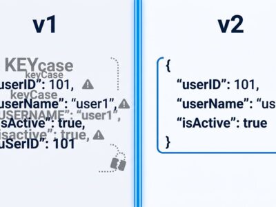 Split-screen comparison of Go encoding/json v1 versus v2 showing case sensitivity and nil slice serialization differences