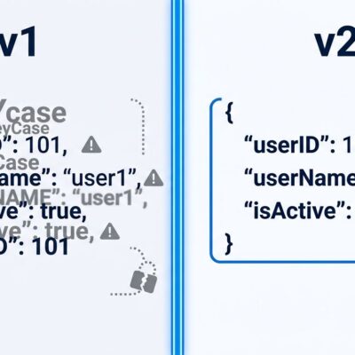 Split-screen comparison of Go encoding/json v1 versus v2 showing case sensitivity and nil slice serialization differences