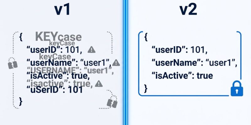 Split-screen comparison of Go encoding/json v1 versus v2 showing case sensitivity and nil slice serialization differences