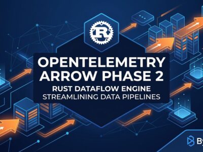 OpenTelemetry Arrow Phase 2 OTAP Dataflow Engine diagram showing columnar Arrow data pipeline with Rust thread-per-core architecture