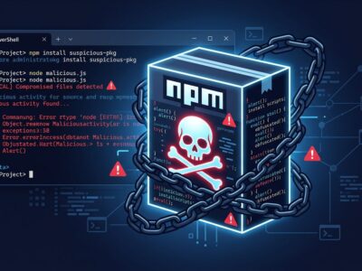 Dark themed image showing a malicious npm package box with warning symbols and PowerShell code, representing the PostCSS supply chain attack