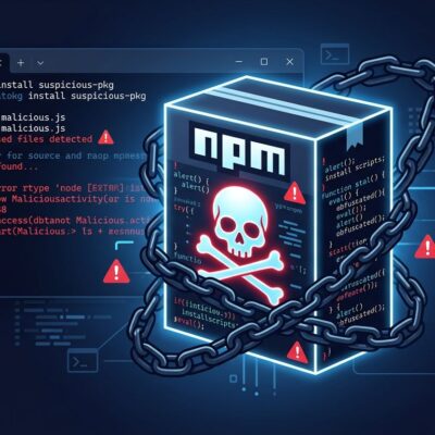 Dark themed image showing a malicious npm package box with warning symbols and PowerShell code, representing the PostCSS supply chain attack