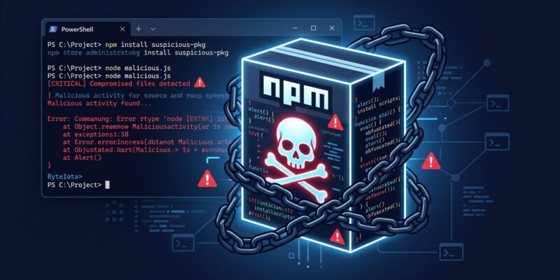 Dark themed image showing a malicious npm package box with warning symbols and PowerShell code, representing the PostCSS supply chain attack