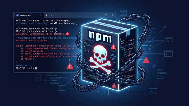 Dark themed image showing a malicious npm package box with warning symbols and PowerShell code, representing the PostCSS supply chain attack