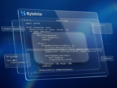 Apple Liquid Glass design interface with translucent glass panels and Swift code showing glassEffect modifier for iOS 27 mandatory migration