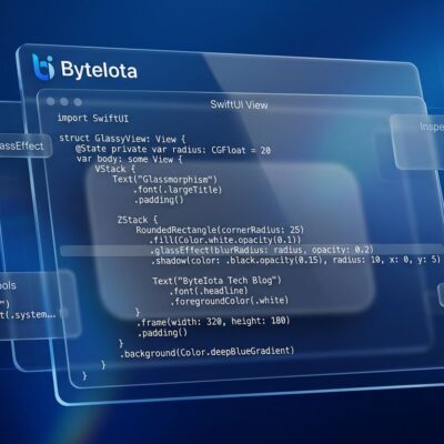 Apple Liquid Glass design interface with translucent glass panels and Swift code showing glassEffect modifier for iOS 27 mandatory migration