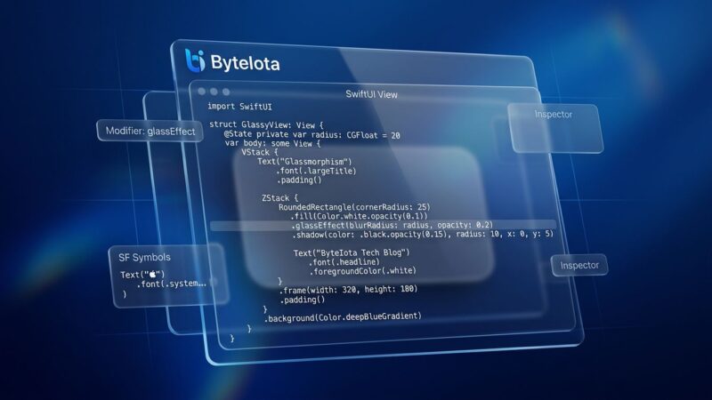 Apple Liquid Glass design interface with translucent glass panels and Swift code showing glassEffect modifier for iOS 27 mandatory migration