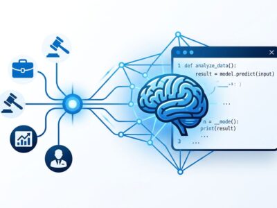 Abstract visualization of domain expertise connecting to AI code execution, blue and white tech aesthetic