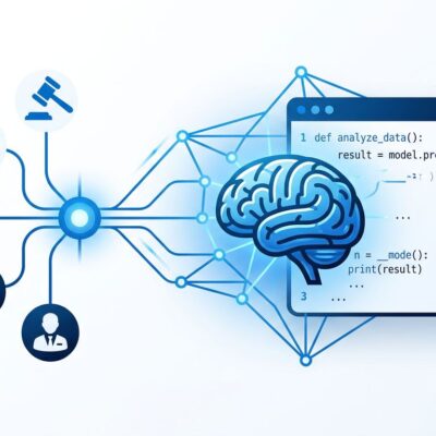 Abstract visualization of domain expertise connecting to AI code execution, blue and white tech aesthetic
