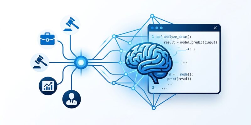 Abstract visualization of domain expertise connecting to AI code execution, blue and white tech aesthetic