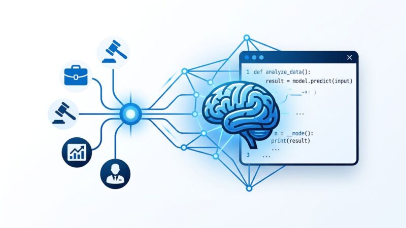 Abstract visualization of domain expertise connecting to AI code execution, blue and white tech aesthetic