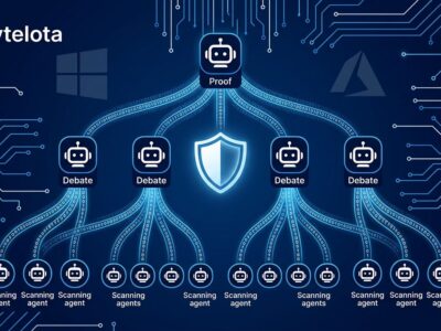 Multi-agent AI security scanning system visualization showing auditor, debater, and prover agent nodes in a hierarchical network with blue circuit patterns on dark background