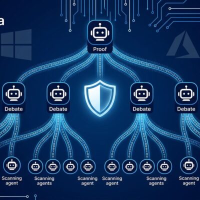 Multi-agent AI security scanning system visualization showing auditor, debater, and prover agent nodes in a hierarchical network with blue circuit patterns on dark background