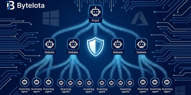 Multi-agent AI security scanning system visualization showing auditor, debater, and prover agent nodes in a hierarchical network with blue circuit patterns on dark background