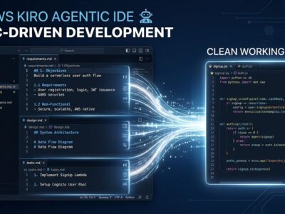 AWS Kiro agentic IDE showing spec-driven development workflow with requirements.md design.md and tasks.md specification documents