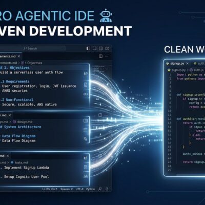 AWS Kiro agentic IDE showing spec-driven development workflow with requirements.md design.md and tasks.md specification documents