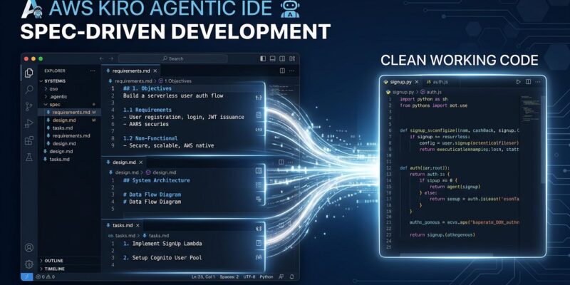 AWS Kiro agentic IDE showing spec-driven development workflow with requirements.md design.md and tasks.md specification documents