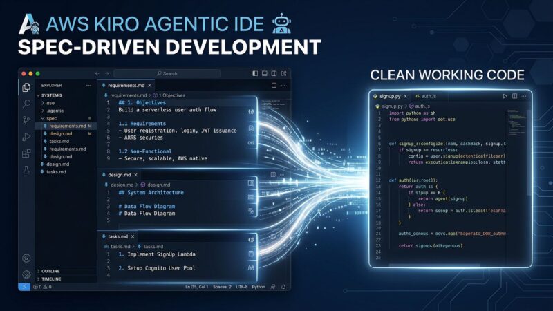 AWS Kiro agentic IDE showing spec-driven development workflow with requirements.md design.md and tasks.md specification documents