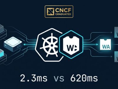 Kubernetes wheel and WebAssembly W hexagon connected by data flow lines showing Kube-Wasm CNCF graduation with 2.3ms vs 620ms performance comparison