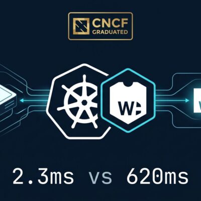 Kubernetes wheel and WebAssembly W hexagon connected by data flow lines showing Kube-Wasm CNCF graduation with 2.3ms vs 620ms performance comparison