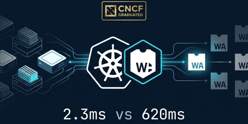 Kubernetes wheel and WebAssembly W hexagon connected by data flow lines showing Kube-Wasm CNCF graduation with 2.3ms vs 620ms performance comparison