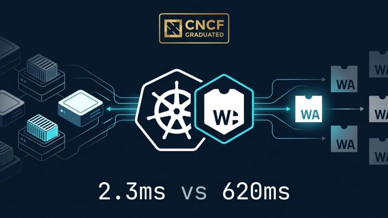 Kubernetes wheel and WebAssembly W hexagon connected by data flow lines showing Kube-Wasm CNCF graduation with 2.3ms vs 620ms performance comparison
