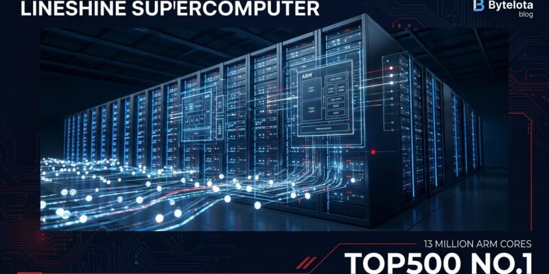 Abstract visualization of LineShine supercomputer architecture showing 13.79 million ARM CPU cores connected by LingQi interconnect, blue and white color scheme