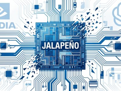 Stylized silicon chip die showing OpenAI Jalapeño custom AI inference ASIC in blue and white ByteIota brand colors