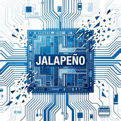 Stylized silicon chip die showing OpenAI Jalapeño custom AI inference ASIC in blue and white ByteIota brand colors