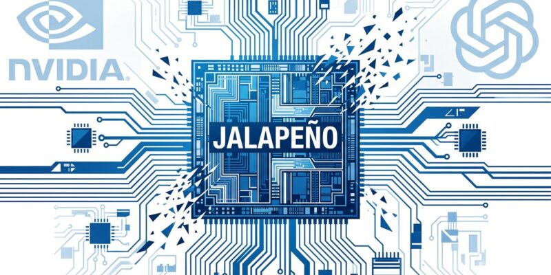 Stylized silicon chip die showing OpenAI Jalapeño custom AI inference ASIC in blue and white ByteIota brand colors