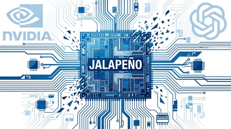 Stylized silicon chip die showing OpenAI Jalapeño custom AI inference ASIC in blue and white ByteIota brand colors