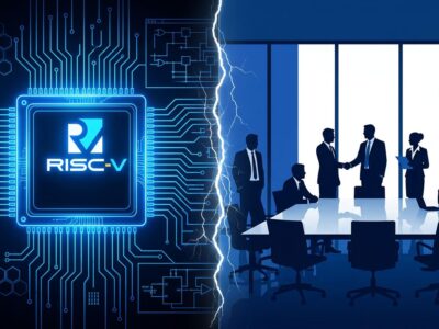 Split composition showing RISC-V chip architecture and corporate acquisition symbolism in ByteIota blue and white