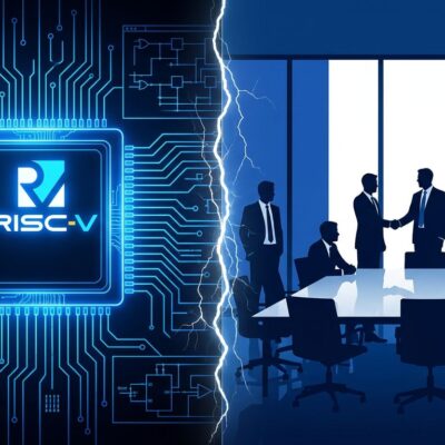 Split composition showing RISC-V chip architecture and corporate acquisition symbolism in ByteIota blue and white