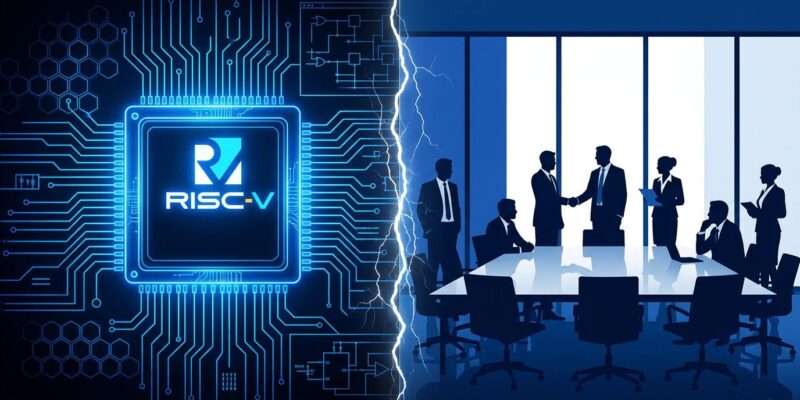 Split composition showing RISC-V chip architecture and corporate acquisition symbolism in ByteIota blue and white