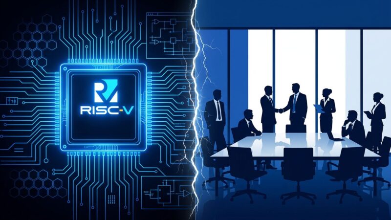 Split composition showing RISC-V chip architecture and corporate acquisition symbolism in ByteIota blue and white